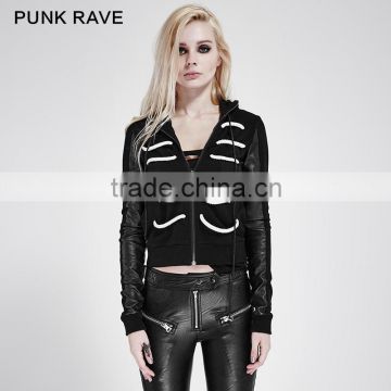 PY-194 Punk Dark Color Contrast Lacing Skeleton Slim Jacket With Hood