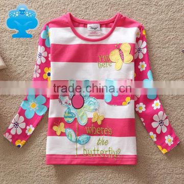 2-6y (G645) new baby clothes kids t shirts stripe child winter t shirts long sleeve applique flower girls tshirts