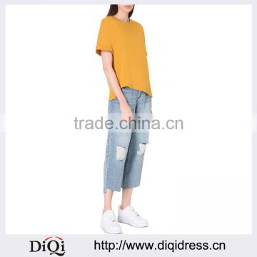 Wholesale Women Yellow Asymmetric Hem Cotton and Linen-blend T-shirt(DQE0083T)