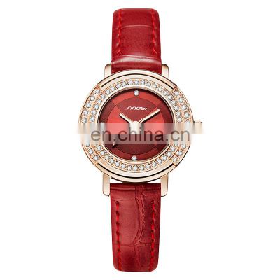 Sinobi Dazzling Lady Jewelry Watch Good Quality Leather Band Wristwatch Quartz Watches Red Color Leather Watch S9841L