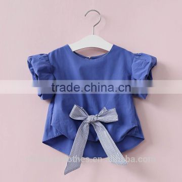 Latest Girs Designs Baby Clothes Cotton Blue Puff Sleeve Breathable Casual Bow Princess Shirt