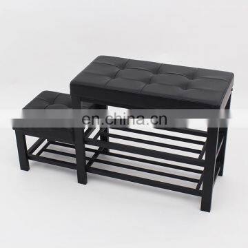 Customized Black PVC Leather Luxury Shoe rack Ottoman Rectangle  Long Double Size Beach with Metal Frame