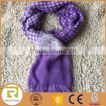Wholesale 100% Linen woven purple dots printed fringed shawl scarf