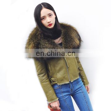 High Fashion Red Real Leather Jackets for Women / Raccoon Fur Collar Leather Jacket Made in China