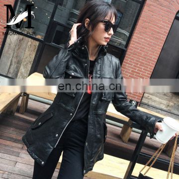High Quality Popular Young Women Real Sheep Leather Garment Spring Ladies Long Black Coat