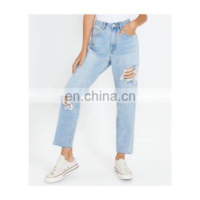 women custom jeans pants fashion plaid ripped women straight jean