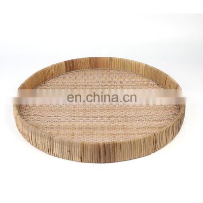K&B wholesale circular rattan woven rustic wooden serving tray for ottoman
