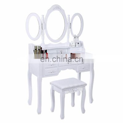 Vanity Set Tri-folding Mirror Make-up Dressing Table Padded Stool with 7 Drawers 2 Dividers
