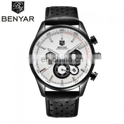 Benyar 5108M NEW Top Brand Luxury Casual Hallow Out Leather Strap Chronograph Calendar Waterproof Analog Quartz Men's watch