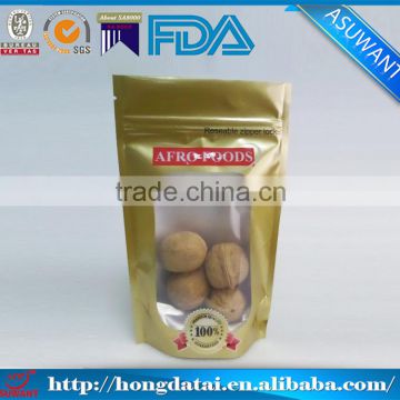 food grade high quality gold stand up pouch zipper top with clear window for snacks/chest nuts/peanuts