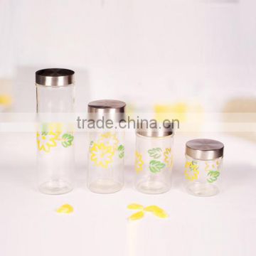 4pcs clear glass jars with decal and metal lid for food storage