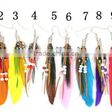 Hot Sale Natural Feather Colorful Round Wood Beads Earrings Feather Bead Earrings For Fashion Women