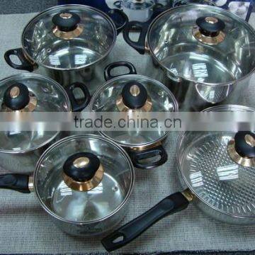 12Pieces Stainess Steel Cookware Pot Set With Brown Color Lid