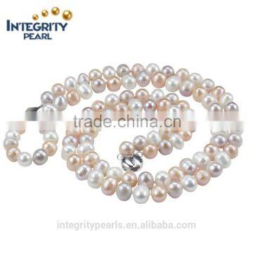 8mm AA off round mixed color 925 silver natural double layer pearl necklace