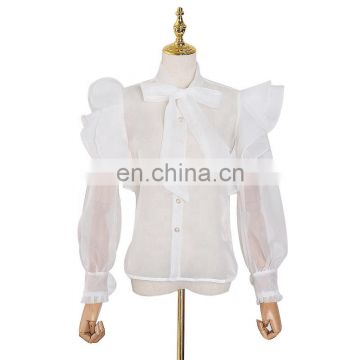 Perspective Bowknot Ruffle Shirt For Women 2020 Mesh Clothes