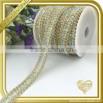 Ladies dress waist chain belt hotfix rhinestone resin green crystal trim aluminum chain FHRS-003