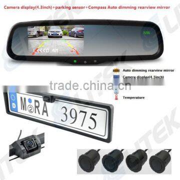 Factory price 4.3" Screen Size and Roof Placement rearview mirror monitor with reverse camera/parking sensor