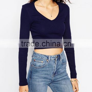 Plain 95% Cotton 5% Spandex Womens Long Sleeve Crop Tee Blank Navy Blue Slim Fit Ladies Cropped V neck T shirts