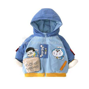 Boy coat baby coat thick winter plus velvet korean childrens zipper shirt foreign style doraemon hat cotton clothes