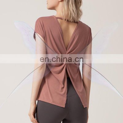 1 Pcs Custom Logo Split Back Design Modal Blouse Short Sleeve Breathable Yoga Shirt Women Casual Running Gym Wear Sports Top