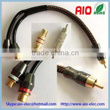 Hi-Fi audiophile RCA male plug to couple 2 RCA female jack convertor adaptor nylon braiding cable for Car audio modification