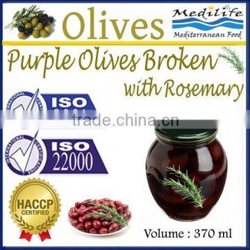 High Quality 100% Tunisian Table Olives,Purple Olives Broken with Rosemary, Purple Olives 370 ml Glass Jar