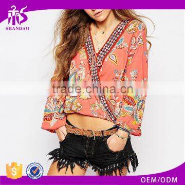 2016 Guangzhou Shandao OEM New Fashion Women Spring Vintage Printed Long Sleeve V Neck Wrap Chiffon Different Style Of Blouses