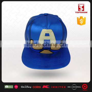Fashion Flat Brim Customized PU Leather Blue Snapback Hip Hop Cap