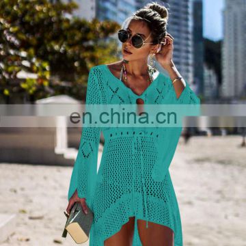 2019 Sexy Beach Dress Cover Ups Hollow Crochet Knitted Beachwear Dresses Tunic Solid Long Pareos Summer See-through Sundress