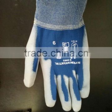 pu gloves safety gloves/ gardening gloves/pu coated nylon gloves/blue nylon coating grey pu