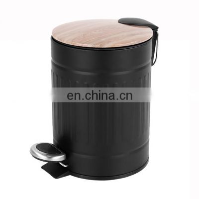 Unique design round black bamboo and stainless steel dustbin with soft close