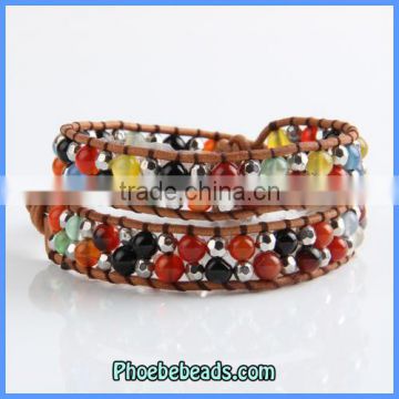 Wholesale High Quality 6mm Agate Double Leather Beaded Wrap Bracelets PCLB-B001
