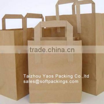 take away kraft paper bag with square bottom, kraft paper bag wholesale with flat handle, printing kraft paper shopping bag