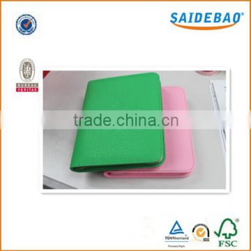 2016 popularity pu/genuine leather 6 hole printing customer size file folder with customized logo printed and zipper