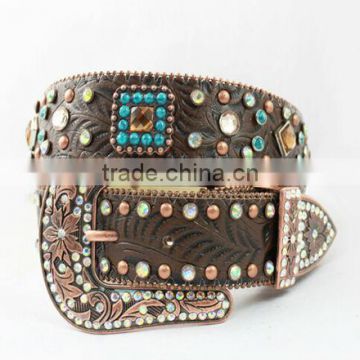 Western Cowgirl Rhinestone Leather Belt With Turquoise Conchos and Crystals                        
                                                Quality Choice