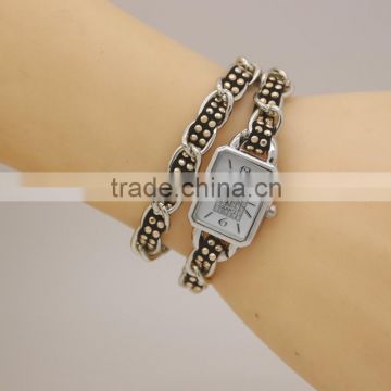 silver chain with leather long strap women quartz watches with rivet
