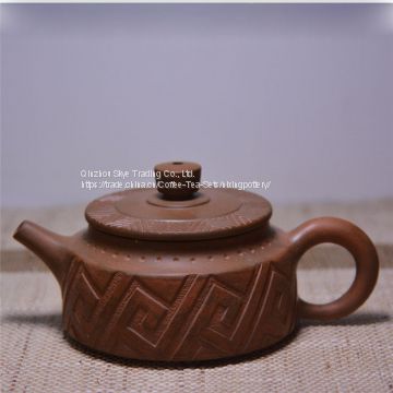 Flat And Striped Design Handmade Purple Clay Chinese Tea Pot For Family Drinking Use