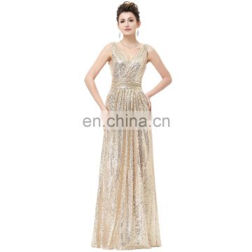 Kate Kasin Sleeveless V-Neck Golden Shining Sequined Long Evening Dress KK000199-1
