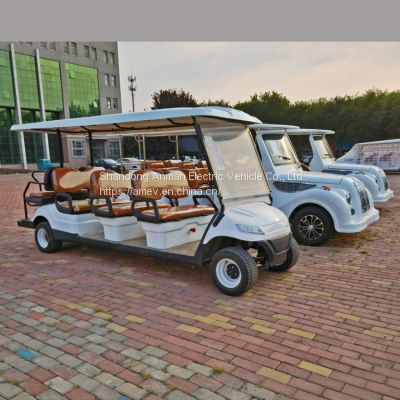 Electric golf cart with brown seats, rated for 8 people