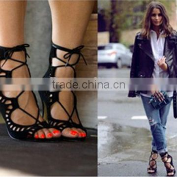 Beautiful Cut Out Lace Up Women High Heel Sandals Ladies Suede Wedge Shoes Sandal