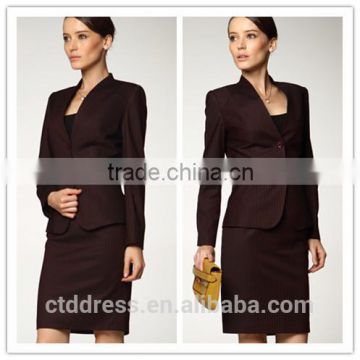 2014 Top Quality 100% wool Classic brown striped three button skirt suit for business women                        
                                                Quality Choice