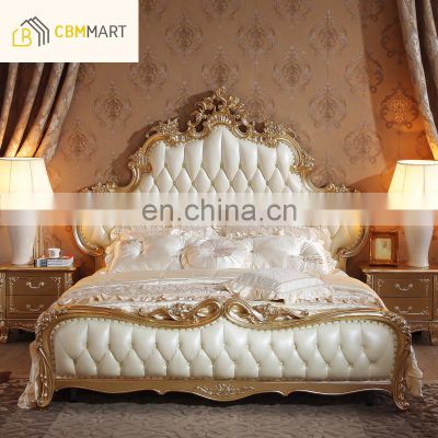 European style solid wood bedroom furniture leather bed set king size double beds