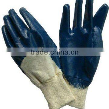 BACK Coated,fully coated, blue NITRILE Working gloves with safety cuff ,in CHINA factory