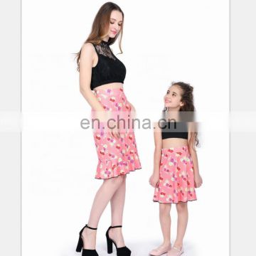 Mother daughter matching dresses 2pcs pink floral skirt black lace top women clothing summer set
