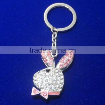 Happy rabbit head pink artifical crystal beaded hare keychain