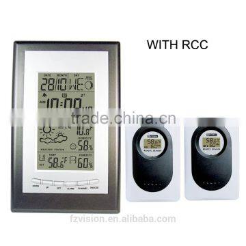 Wireless Weather Station RF RCC with Indoor Outdoor Thermometer Hygrometer Weather Forecast Alarm Clock 2 Transmitters