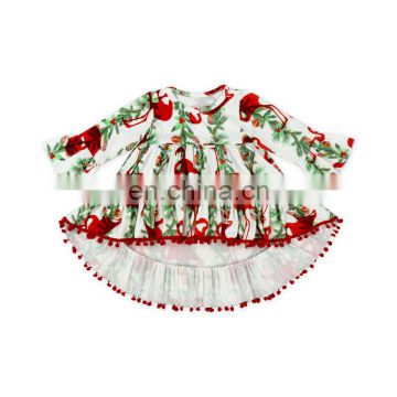 Hot selling baby girl fashion top dress printed floral Christmas style high-low top pompom dress baby clothes