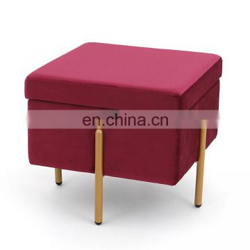 Customized modern and fashion classic color blending breey red velvet stool storage ottoman with golden metal legs