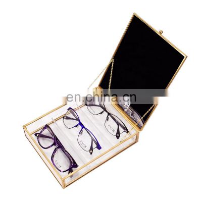 display cosmetic sets counter organizer glass case brass frame eyewear display case with mirror
