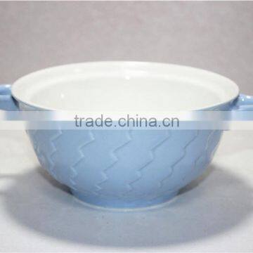 High quality 500 CC Bright blue double ears Ceramic bowl for soup